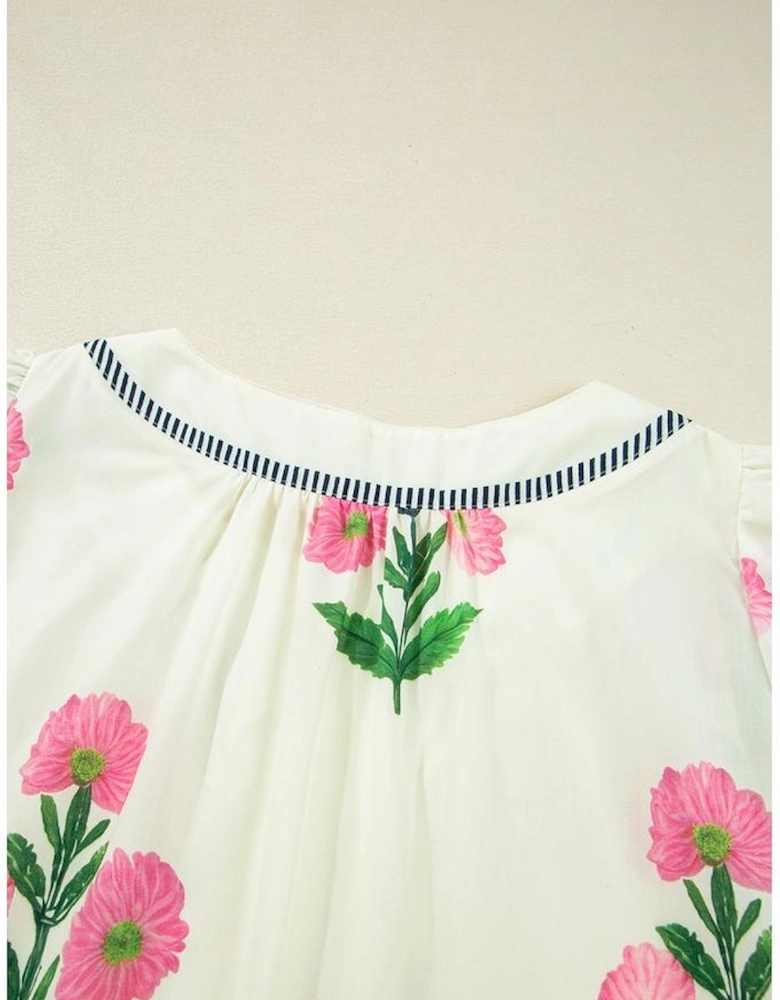 Apricot Floral Short Sleeve Split Neck Loose Mini Dress