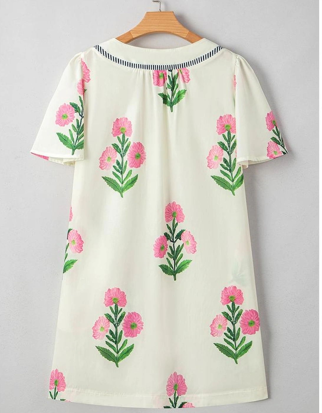 Apricot Floral Short Sleeve Split Neck Loose Mini Dress