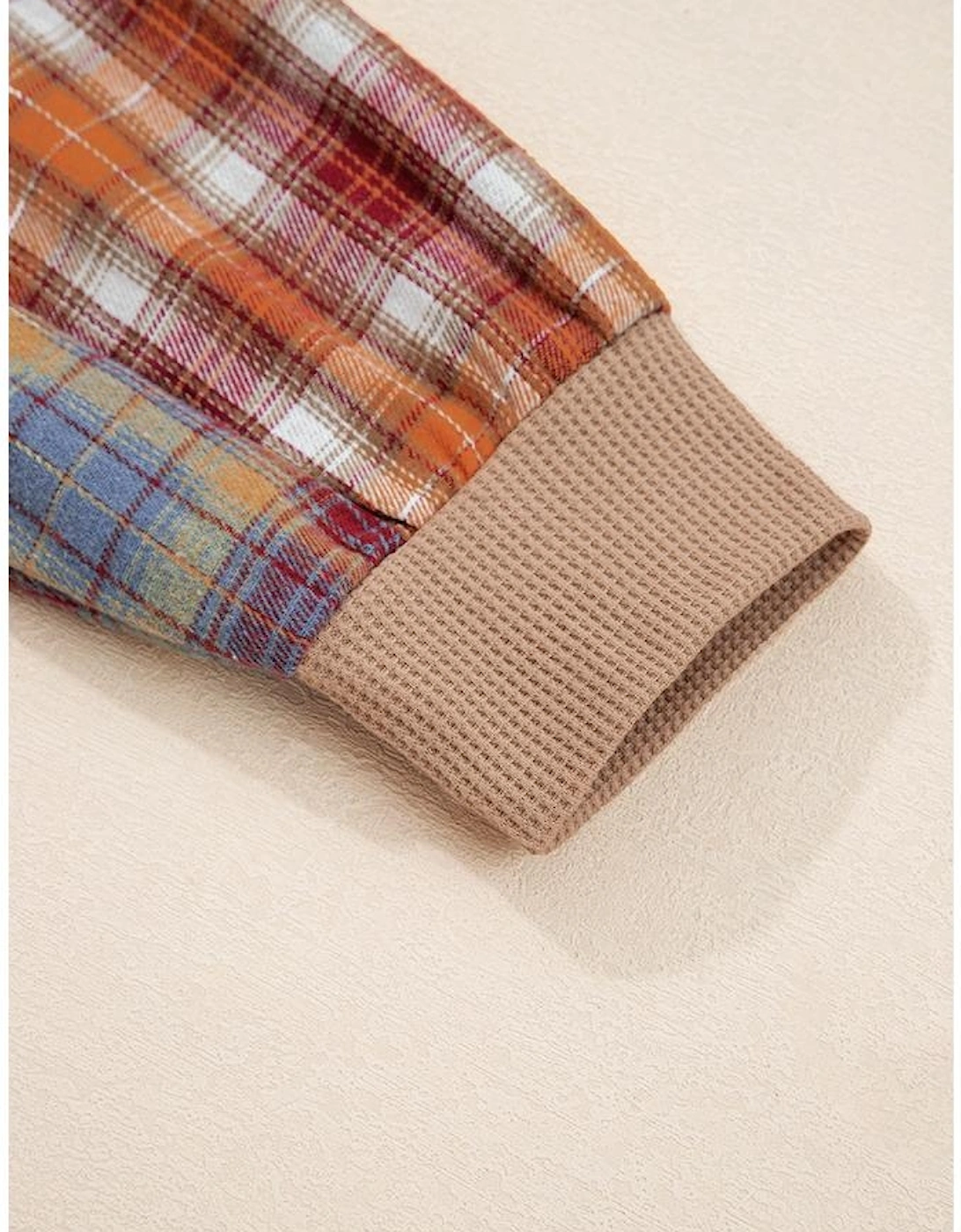 Straw Yellow Waffle Stripe Plaid Patchwork Henley Knit Top