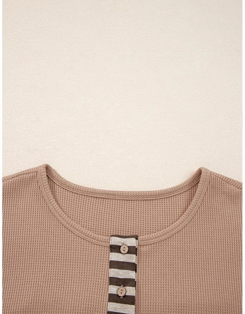 Straw Yellow Waffle Stripe Plaid Patchwork Henley Knit Top