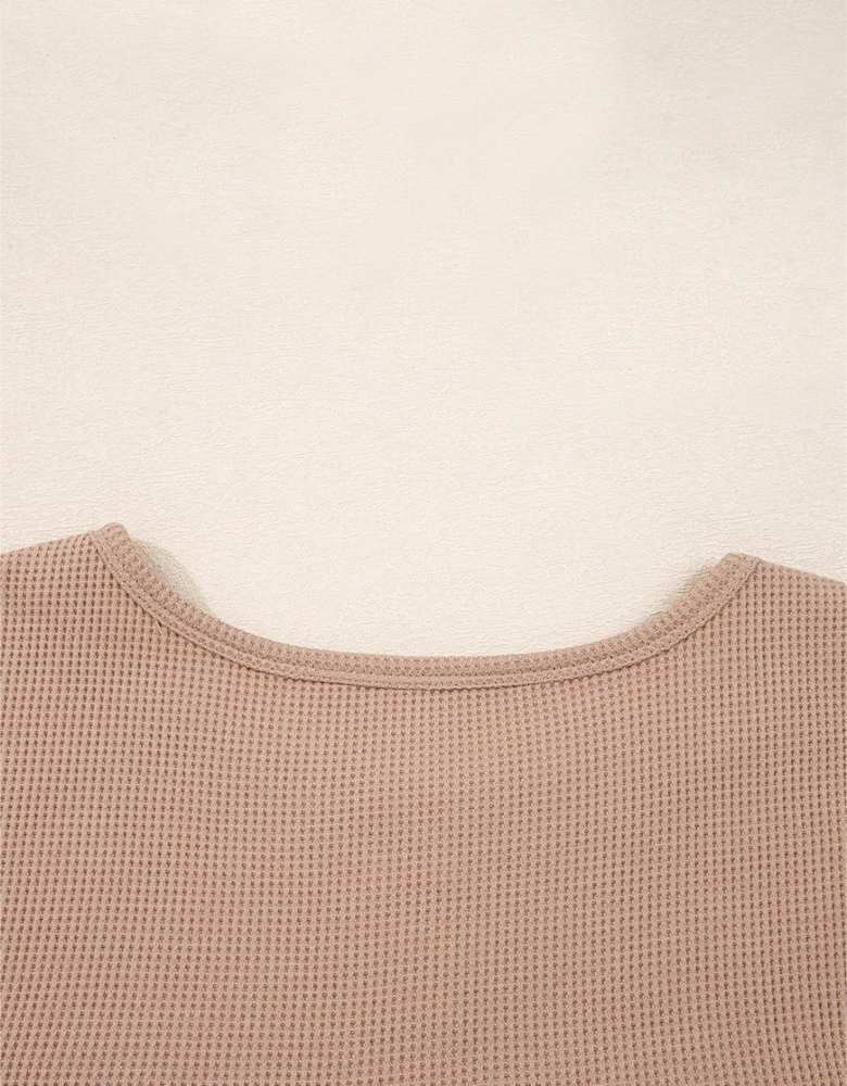 Straw Yellow Waffle Stripe Plaid Patchwork Henley Knit Top