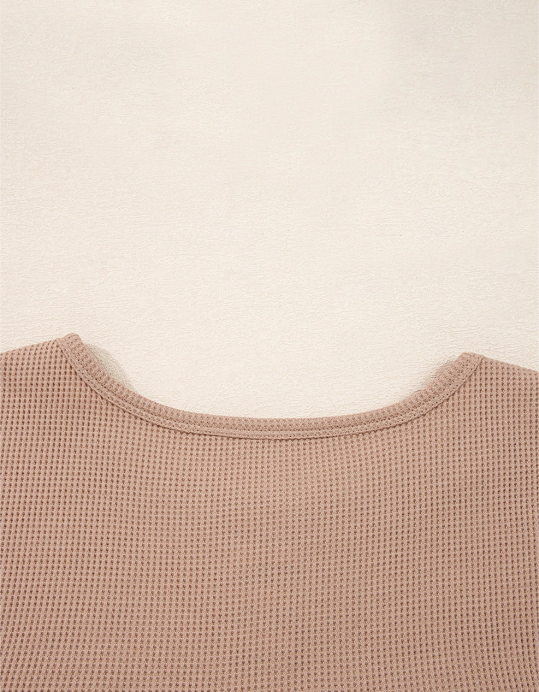 Straw Yellow Waffle Stripe Plaid Patchwork Henley Knit Top