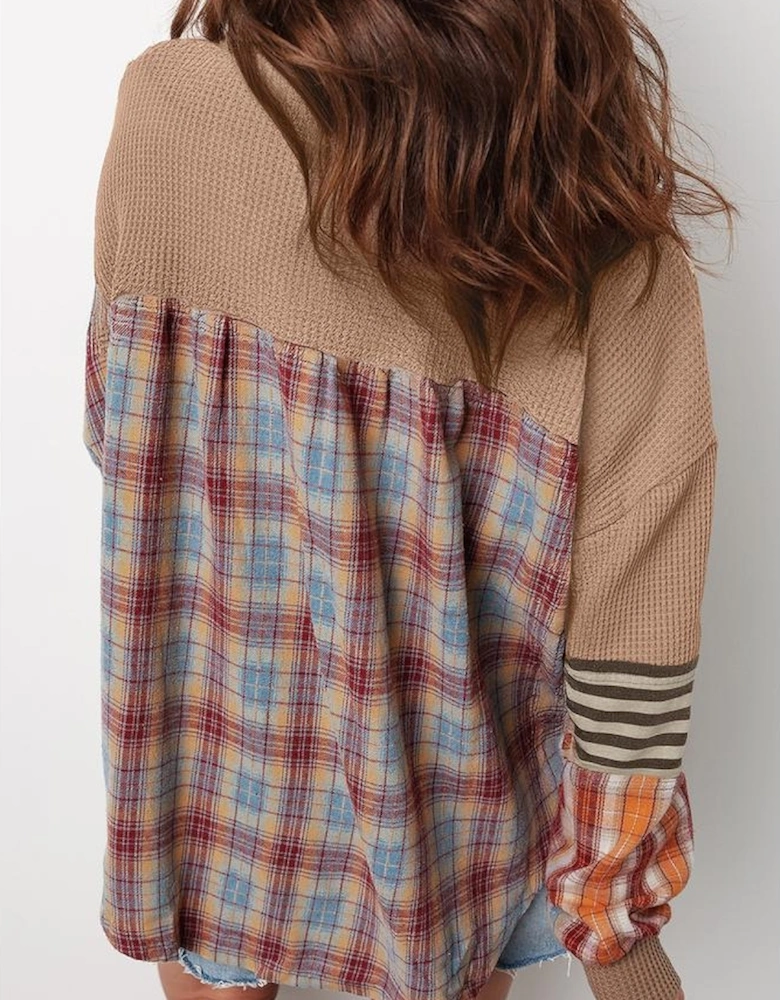 Straw Yellow Waffle Stripe Plaid Patchwork Henley Knit Top