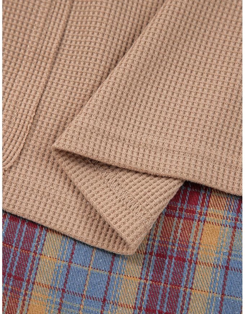 Straw Yellow Waffle Stripe Plaid Patchwork Henley Knit Top