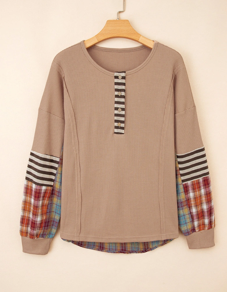 Straw Yellow Waffle Stripe Plaid Patchwork Henley Knit Top