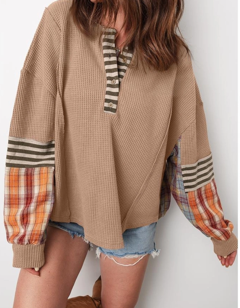Straw Yellow Waffle Stripe Plaid Patchwork Henley Knit Top