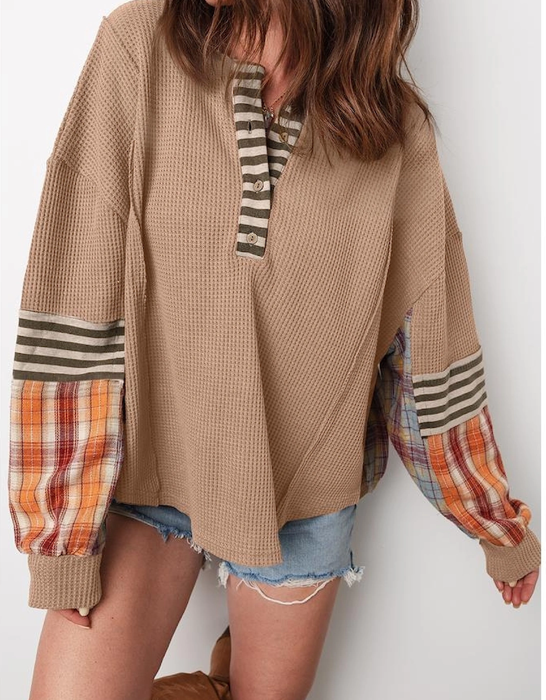 Straw Yellow Waffle Stripe Plaid Patchwork Henley Knit Top