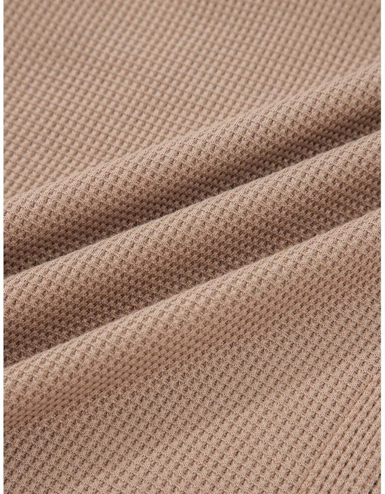 Straw Yellow Waffle Stripe Plaid Patchwork Henley Knit Top