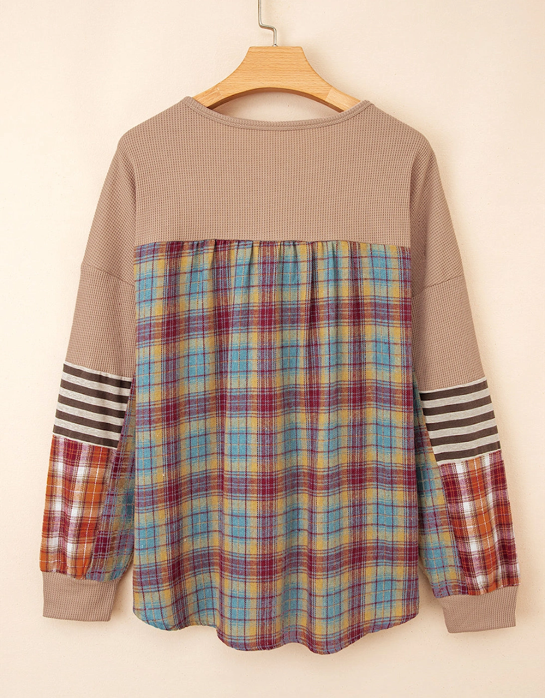 Straw Yellow Waffle Stripe Plaid Patchwork Henley Knit Top