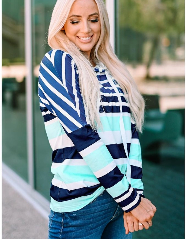 Multi Striped Drawstring Long Sleeve Hoodie