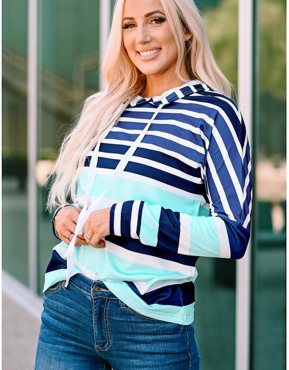 Multi Striped Drawstring Long Sleeve Hoodie