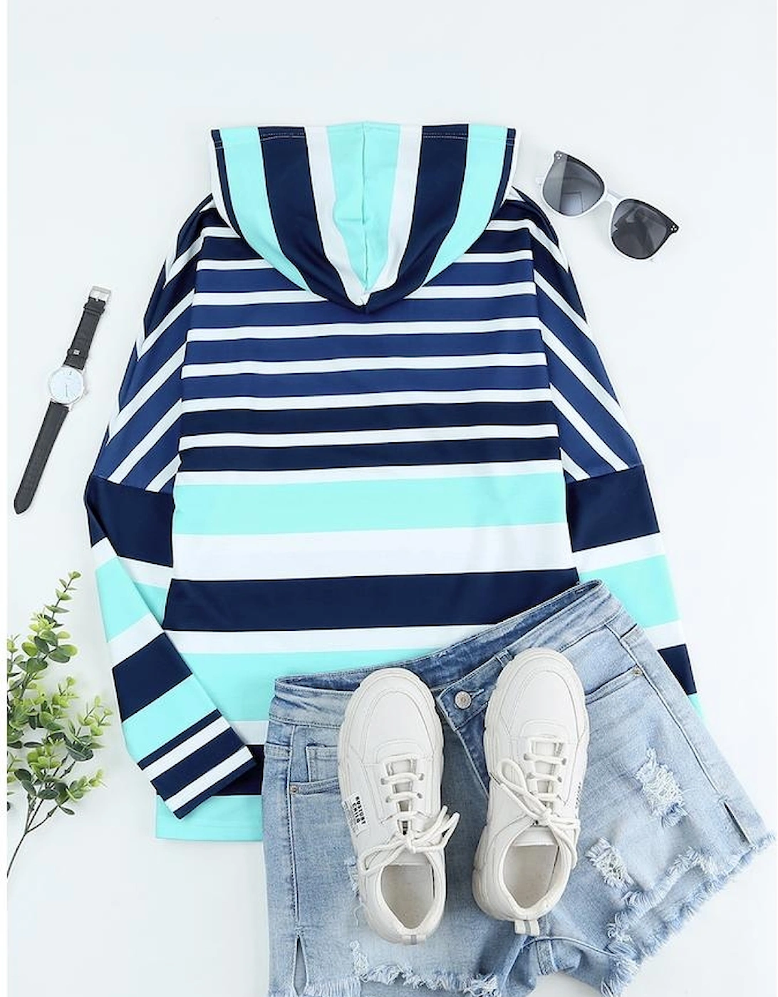 Multi Striped Drawstring Long Sleeve Hoodie