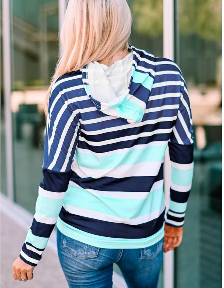 Multi Striped Drawstring Long Sleeve Hoodie
