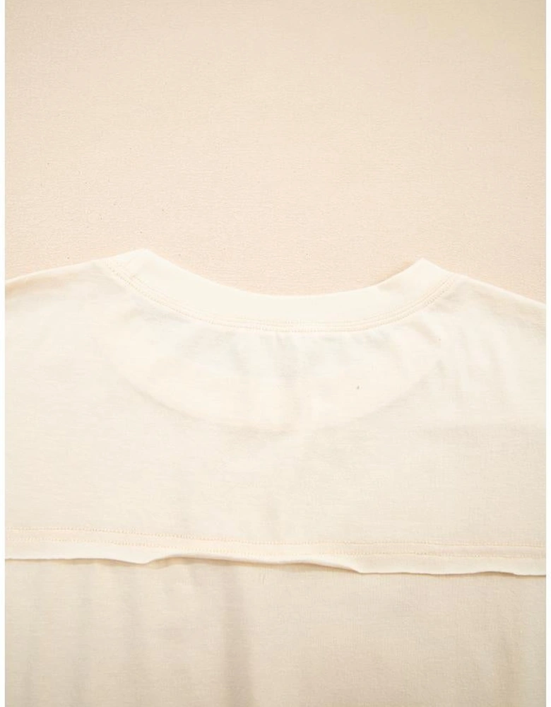 Apricot Flower Patched Exposed Stitching Trim Crew Neck Loose Tee