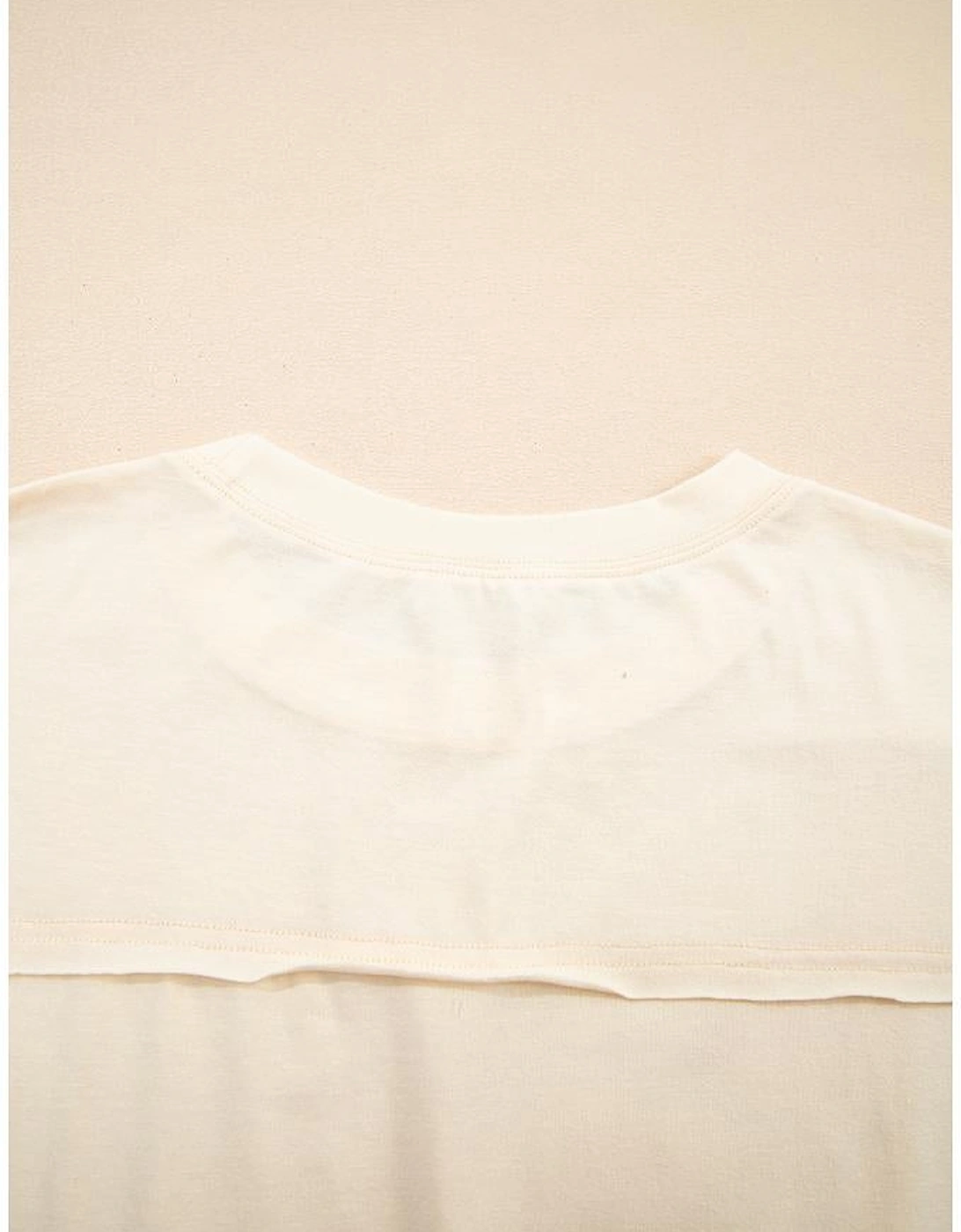 Apricot Flower Patched Exposed Stitching Trim Crew Neck Loose Tee