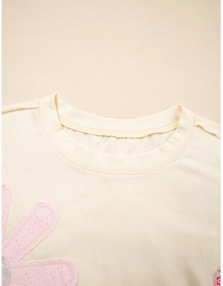 Apricot Flower Patched Exposed Stitching Trim Crew Neck Loose Tee