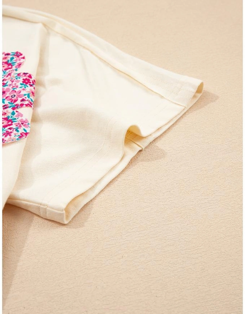 Apricot Flower Patched Exposed Stitching Trim Crew Neck Loose Tee