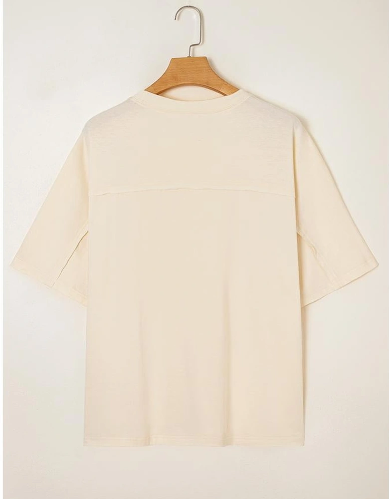 Apricot Flower Patched Exposed Stitching Trim Crew Neck Loose Tee