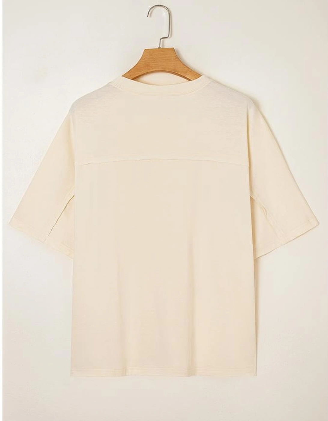 Apricot Flower Patched Exposed Stitching Trim Crew Neck Loose Tee