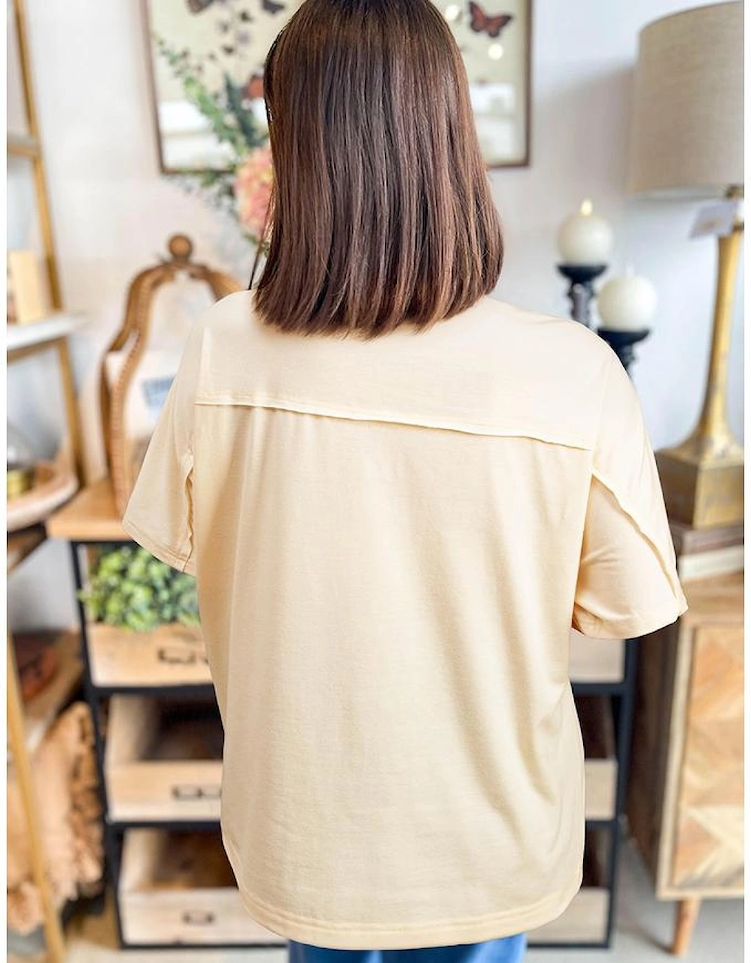 Apricot Flower Patched Exposed Stitching Trim Crew Neck Loose Tee, 10 of 9