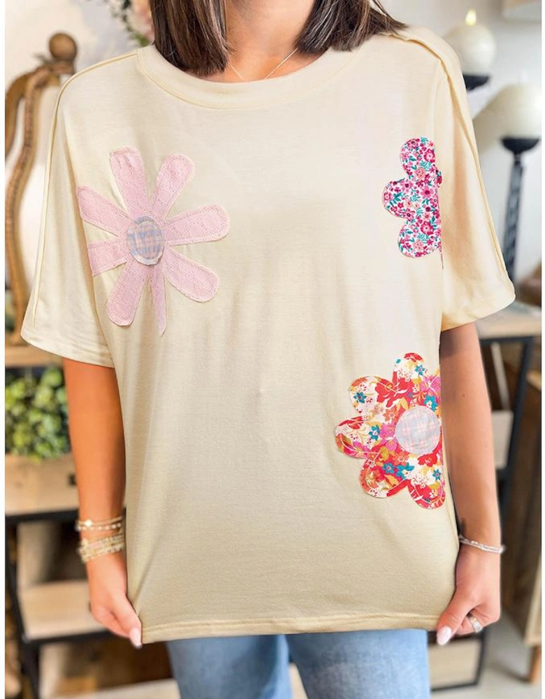 Apricot Flower Patched Exposed Stitching Trim Crew Neck Loose Tee