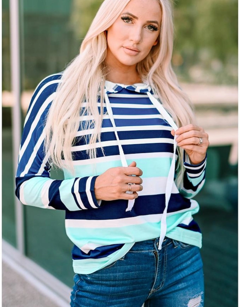 Multi Striped Drawstring Long Sleeve Hoodie