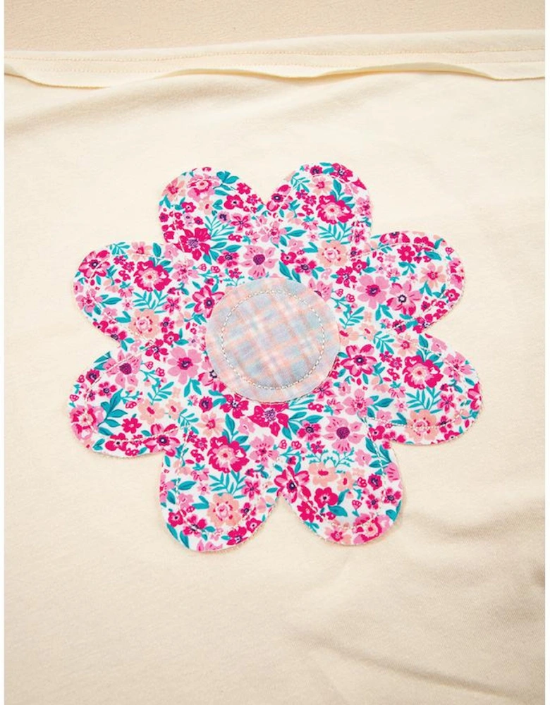 Apricot Flower Patched Exposed Stitching Trim Crew Neck Loose Tee