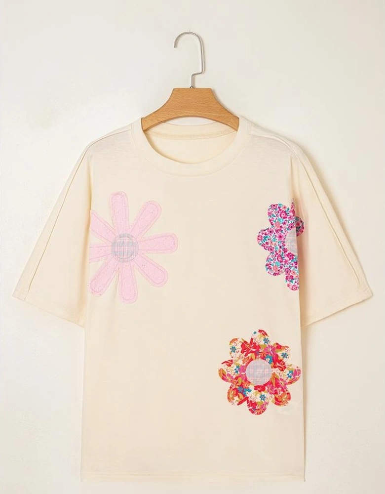 Apricot Flower Patched Exposed Stitching Trim Crew Neck Loose Tee