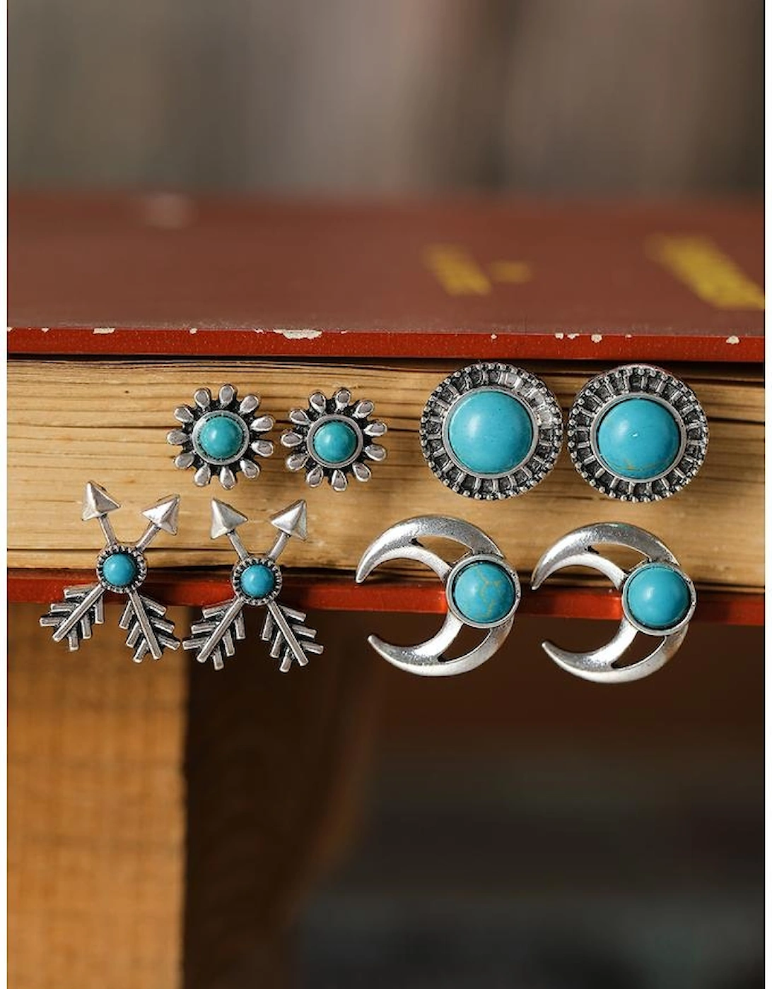 Azura Exchange Turquoise Inlay Moon Arrow Earrings (Set of 4)