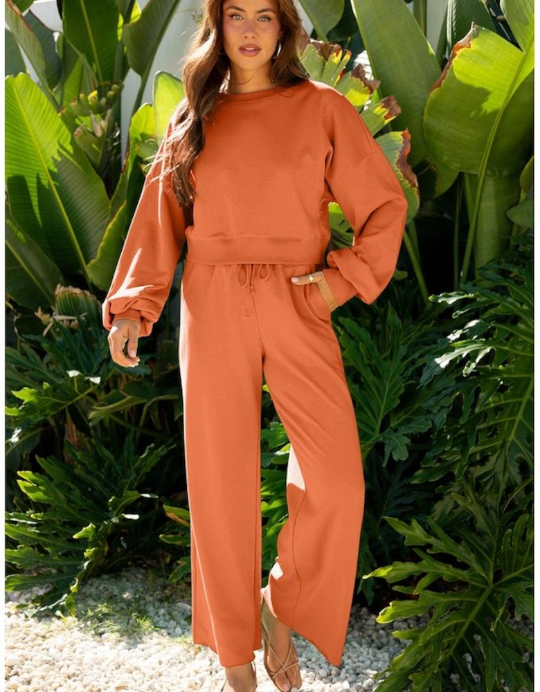 Flamingo Drop Shoulder Puff Sleeve Crop Pullover Drawstring Wide Leg Pants Set