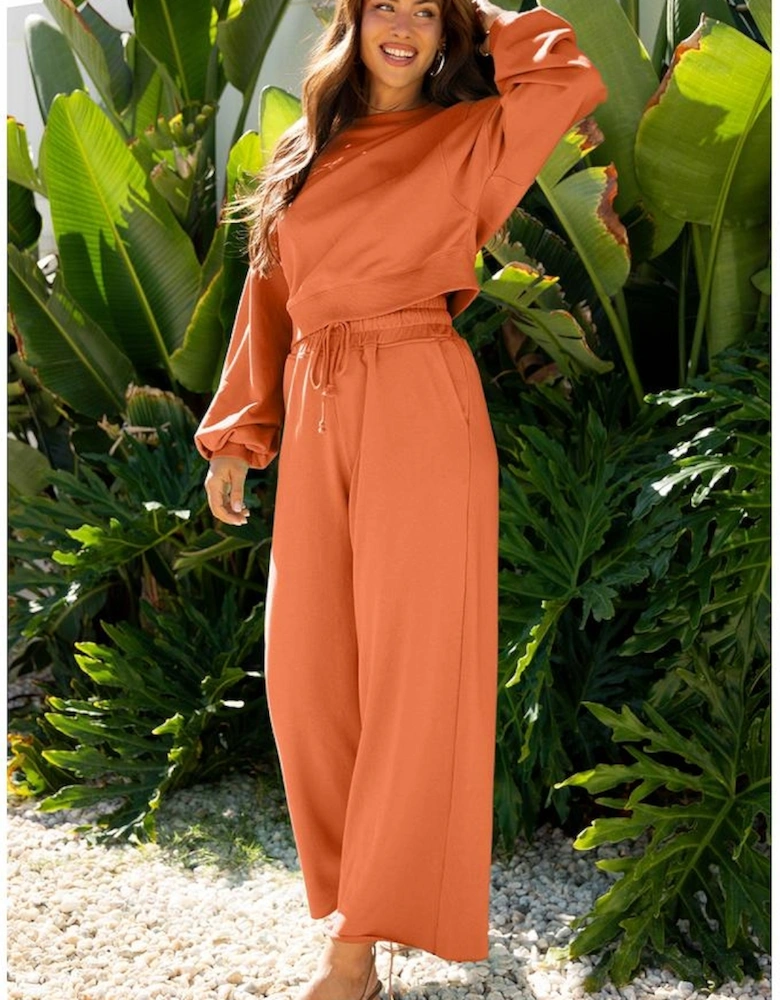 Flamingo Drop Shoulder Puff Sleeve Crop Pullover Drawstring Wide Leg Pants Set