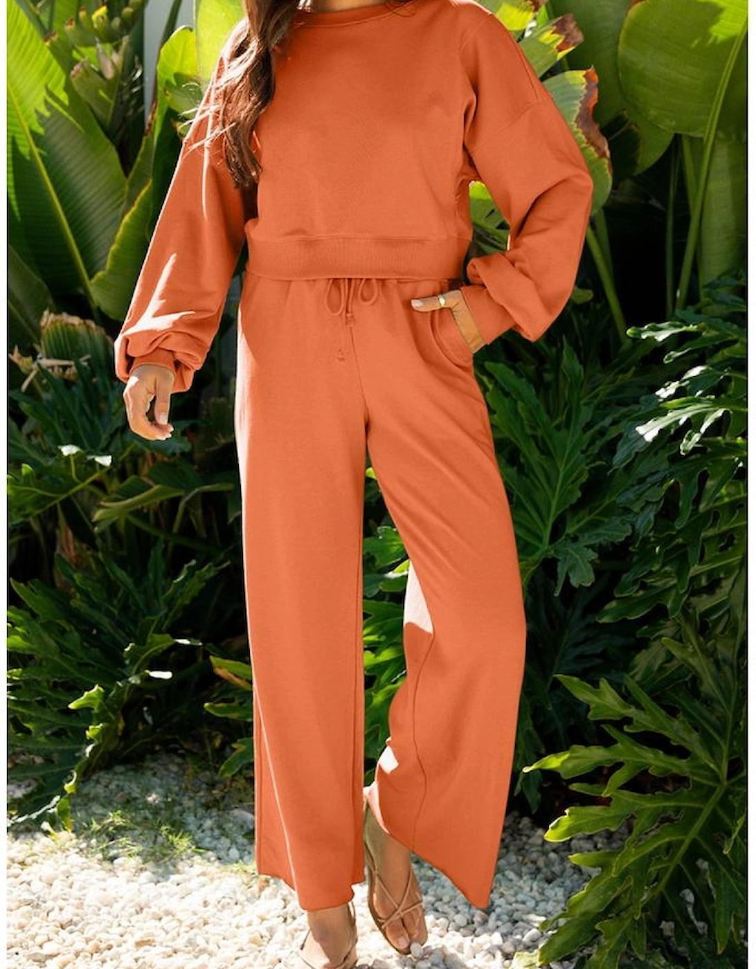 Flamingo Drop Shoulder Puff Sleeve Crop Pullover Drawstring Wide Leg Pants Set