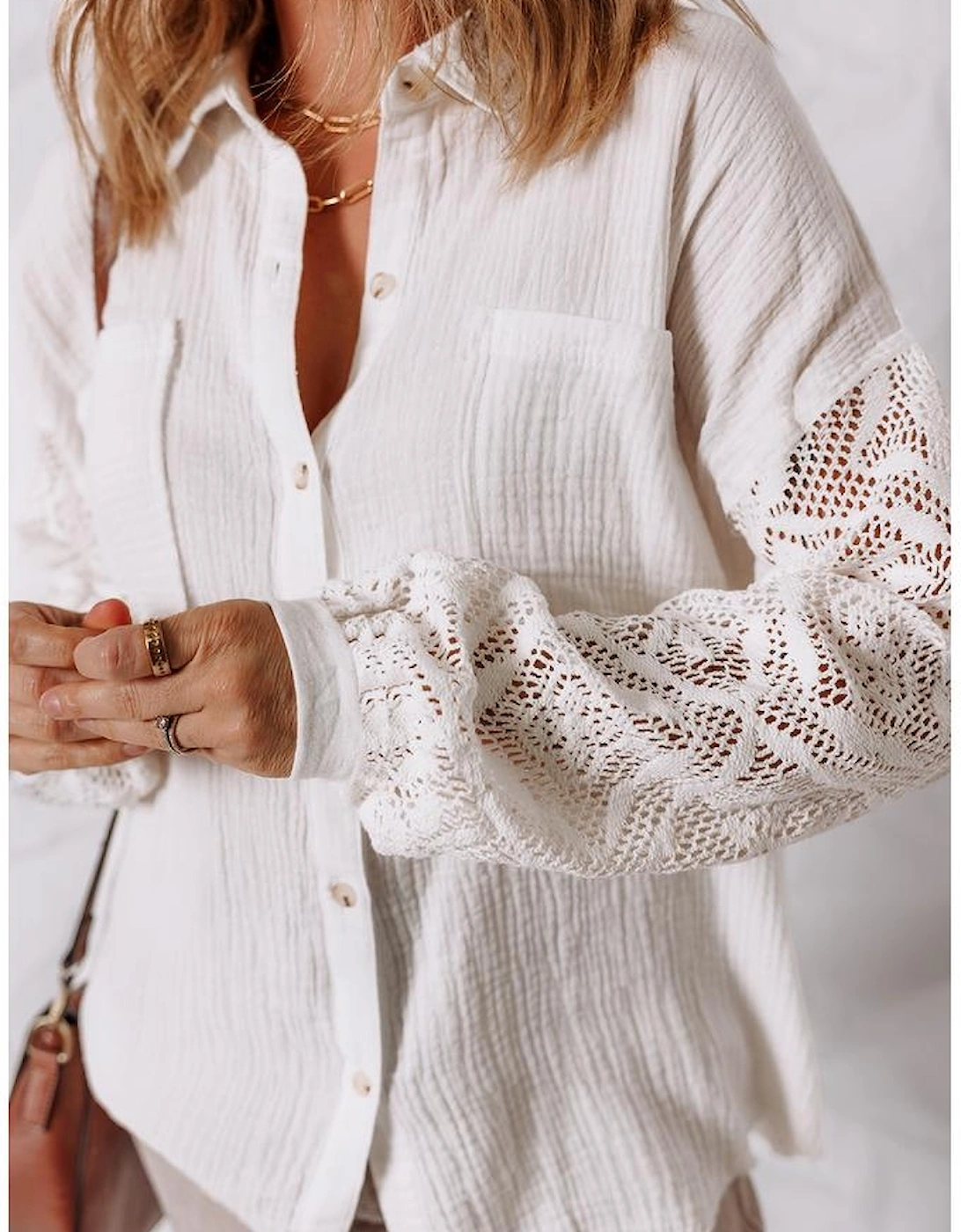 White Cotton Gauze Lace Patchwork Long Sleeve Shirt