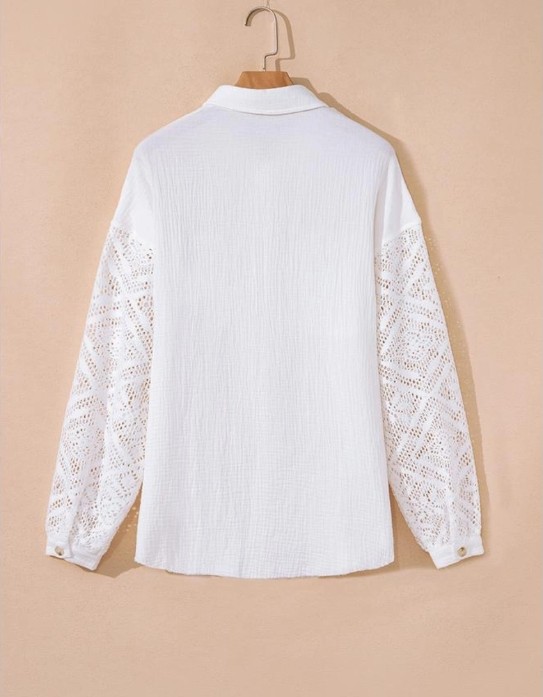 White Cotton Gauze Lace Patchwork Long Sleeve Shirt