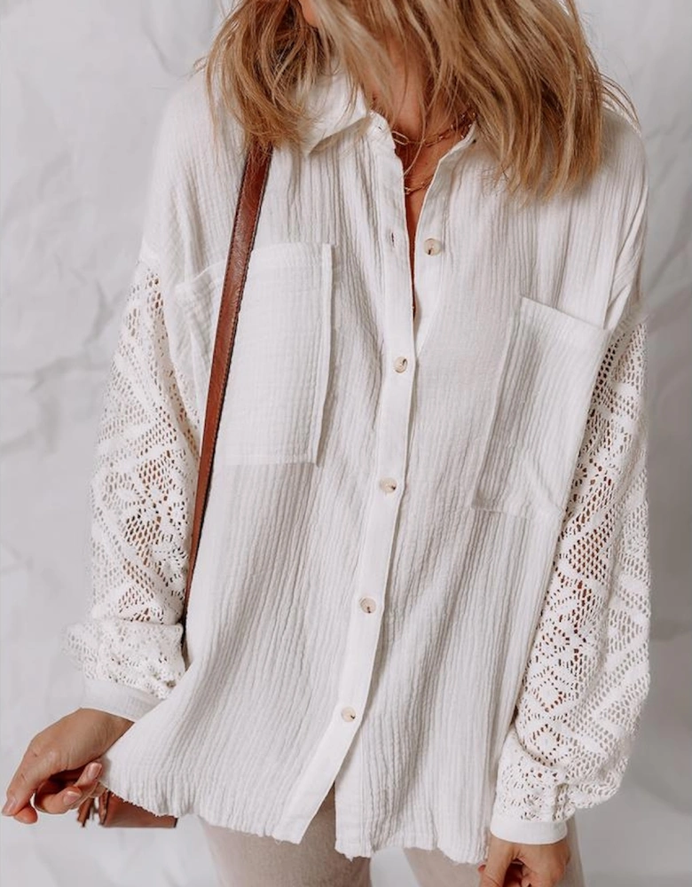 White Cotton Gauze Lace Patchwork Long Sleeve Shirt