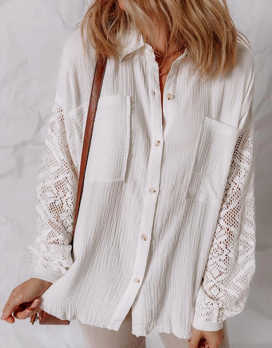 White Cotton Gauze Lace Patchwork Long Sleeve Shirt