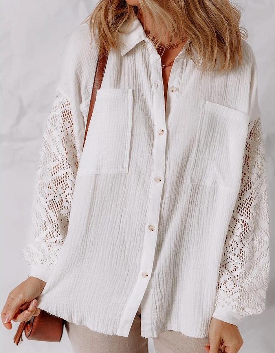 White Cotton Gauze Lace Patchwork Long Sleeve Shirt
