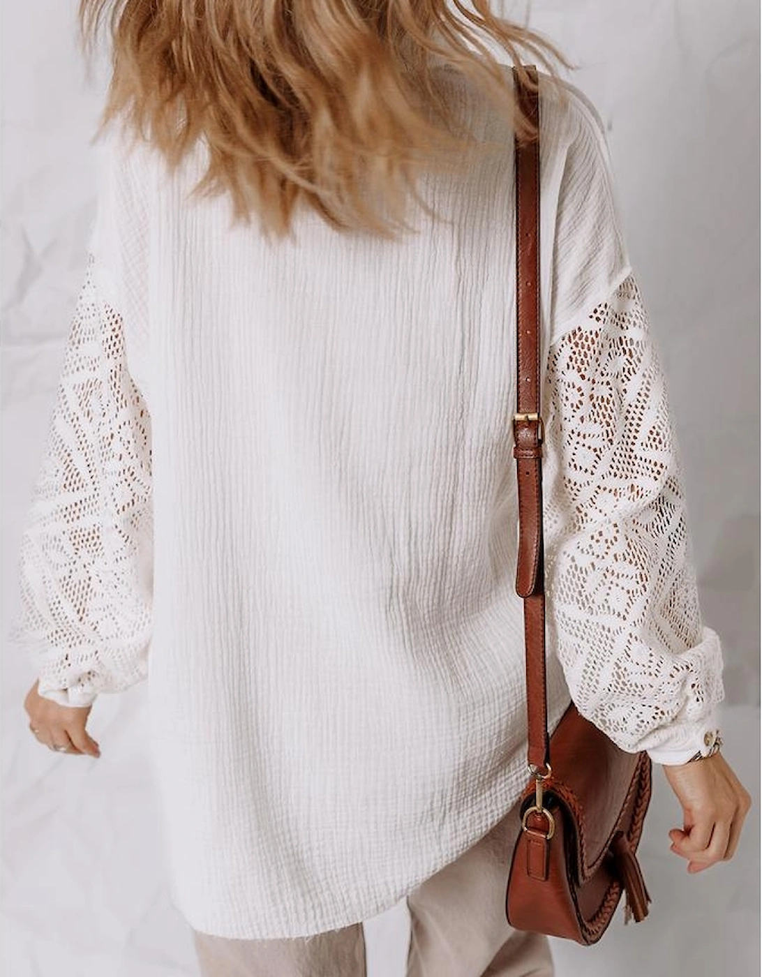 White Cotton Gauze Lace Patchwork Long Sleeve Shirt, 16 of 15