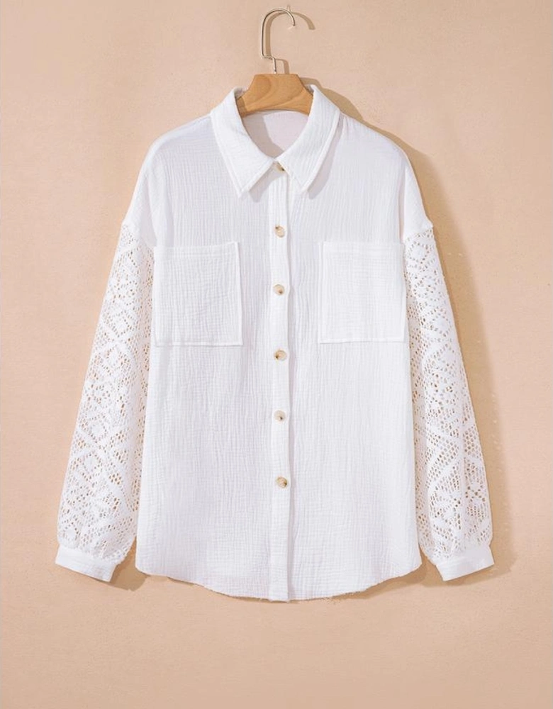 White Cotton Gauze Lace Patchwork Long Sleeve Shirt