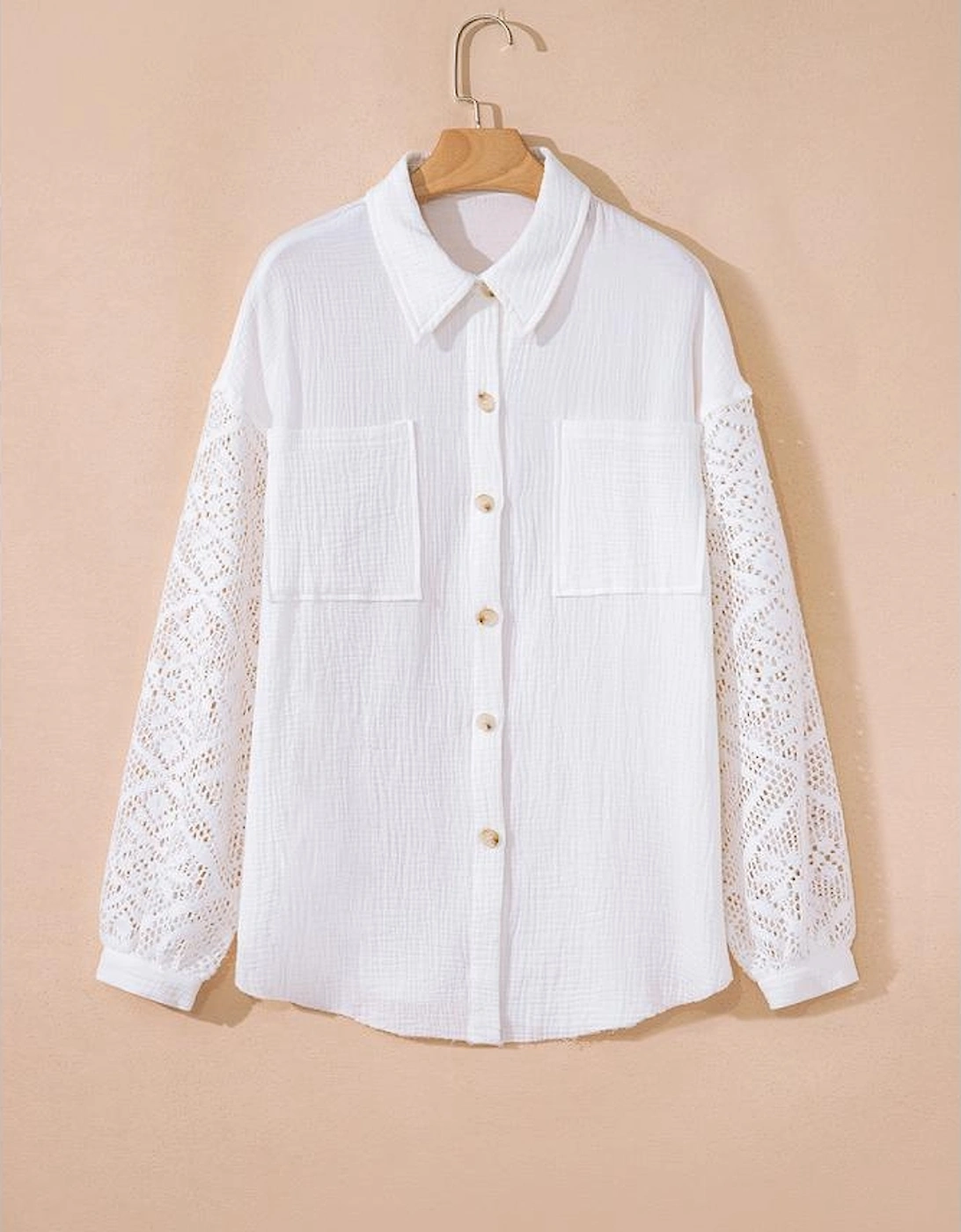 White Cotton Gauze Lace Patchwork Long Sleeve Shirt