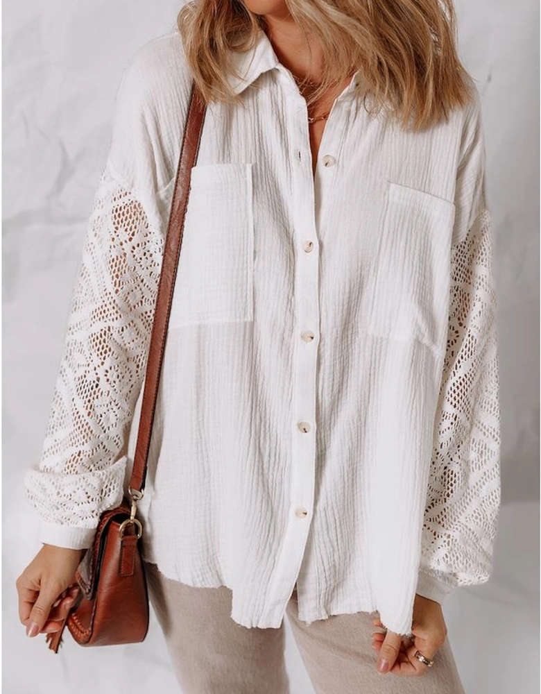 White Cotton Gauze Lace Patchwork Long Sleeve Shirt