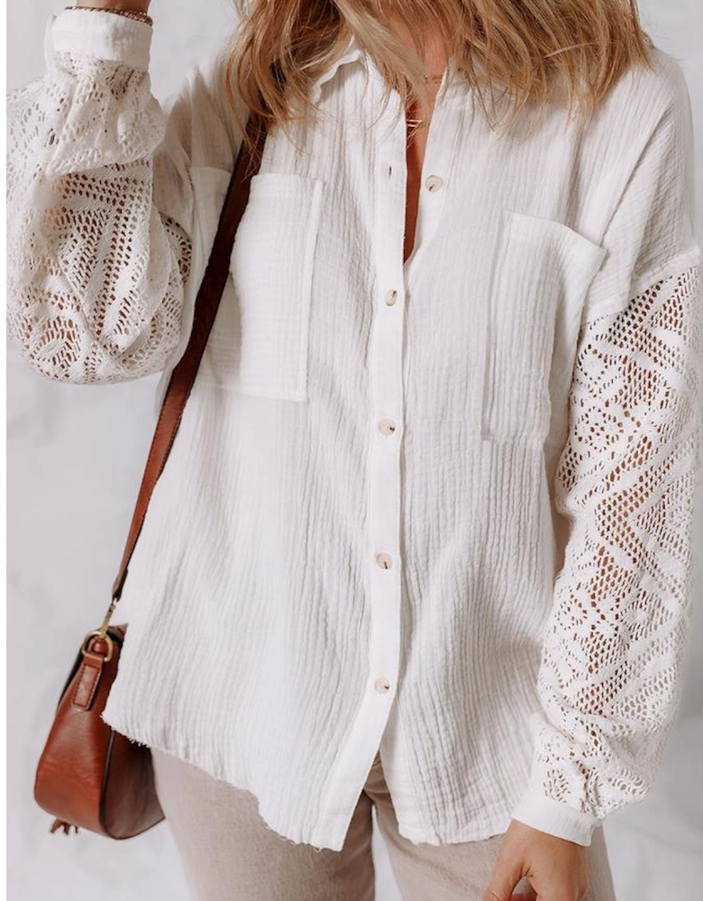 White Cotton Gauze Lace Patchwork Long Sleeve Shirt