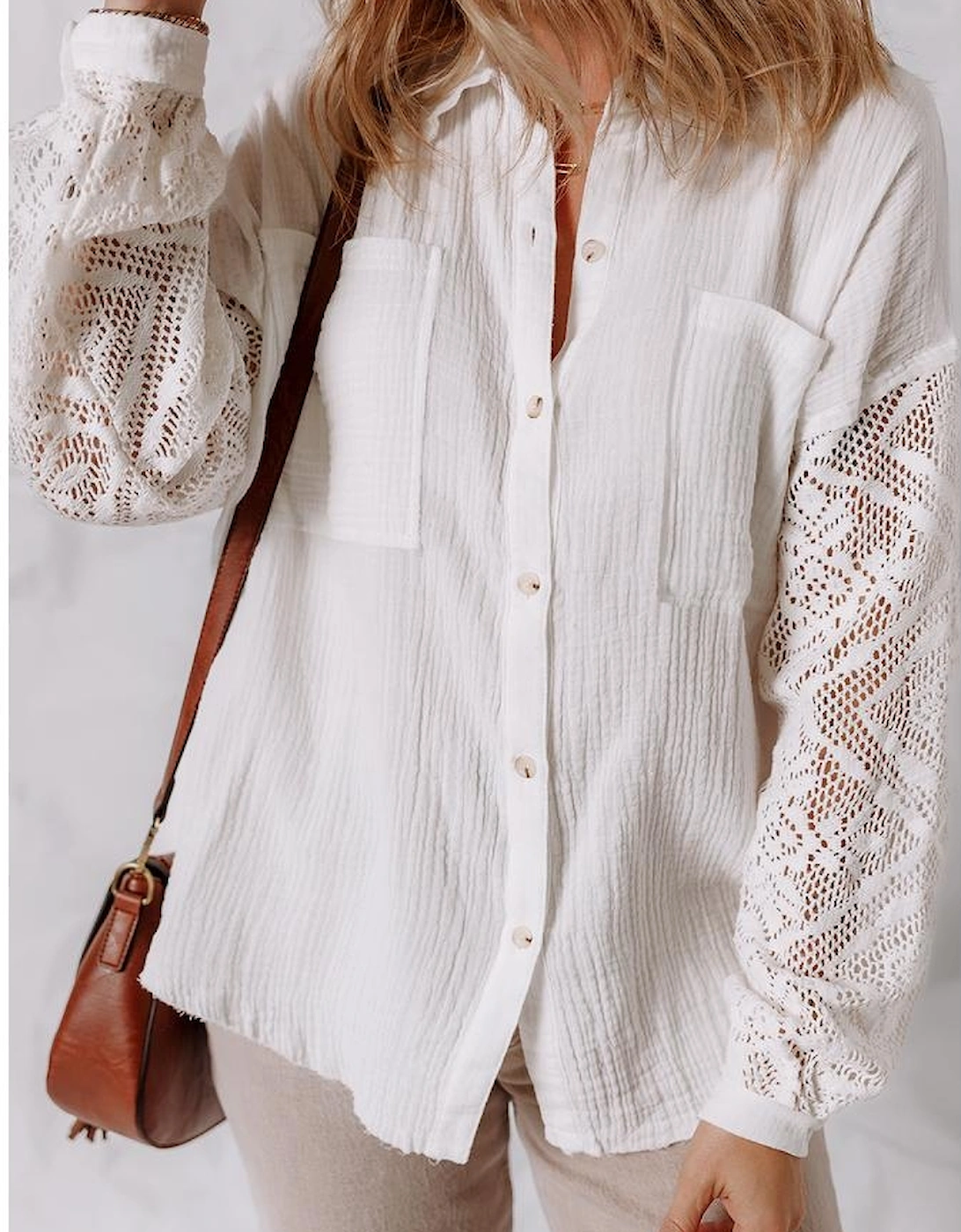 White Cotton Gauze Lace Patchwork Long Sleeve Shirt