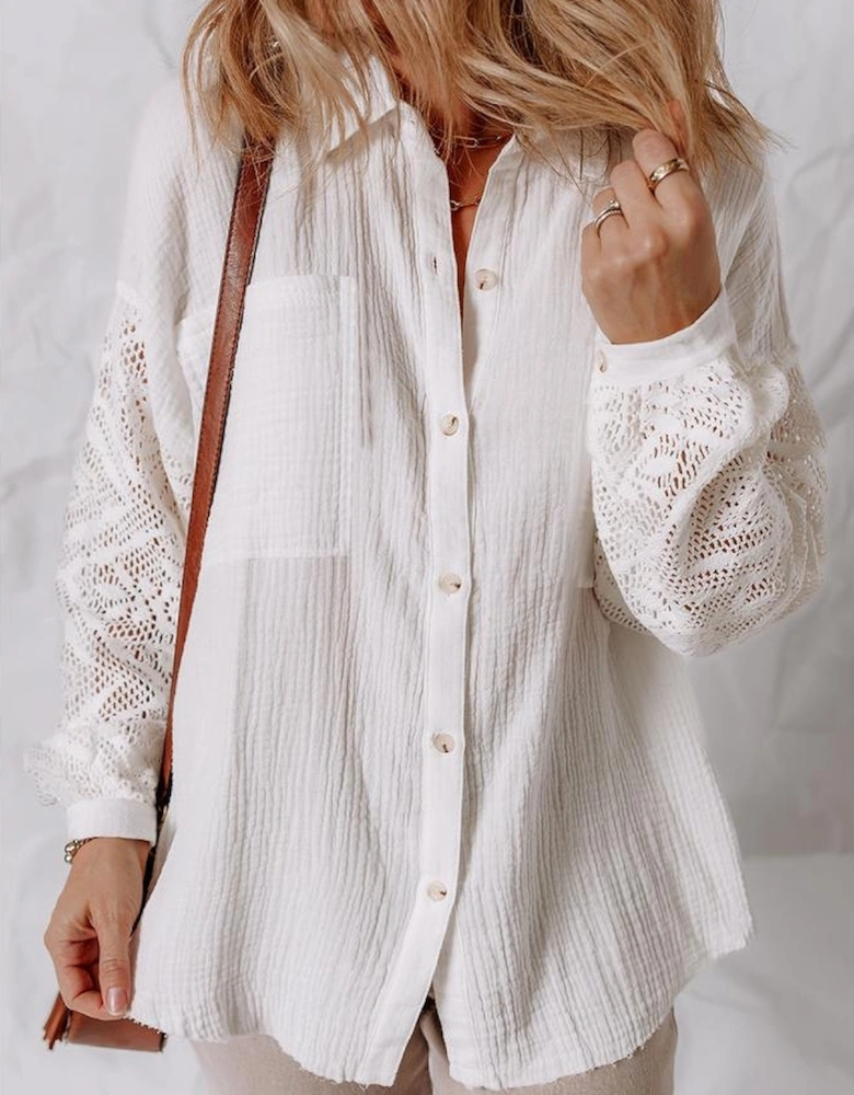 White Cotton Gauze Lace Patchwork Long Sleeve Shirt