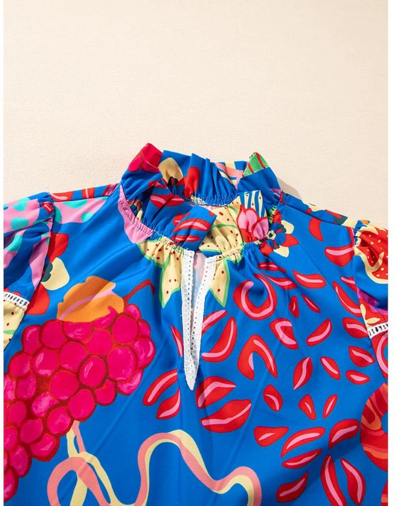 Blue Abstract Print Frilled Collar Ruffled Puff Short Sleeve Top