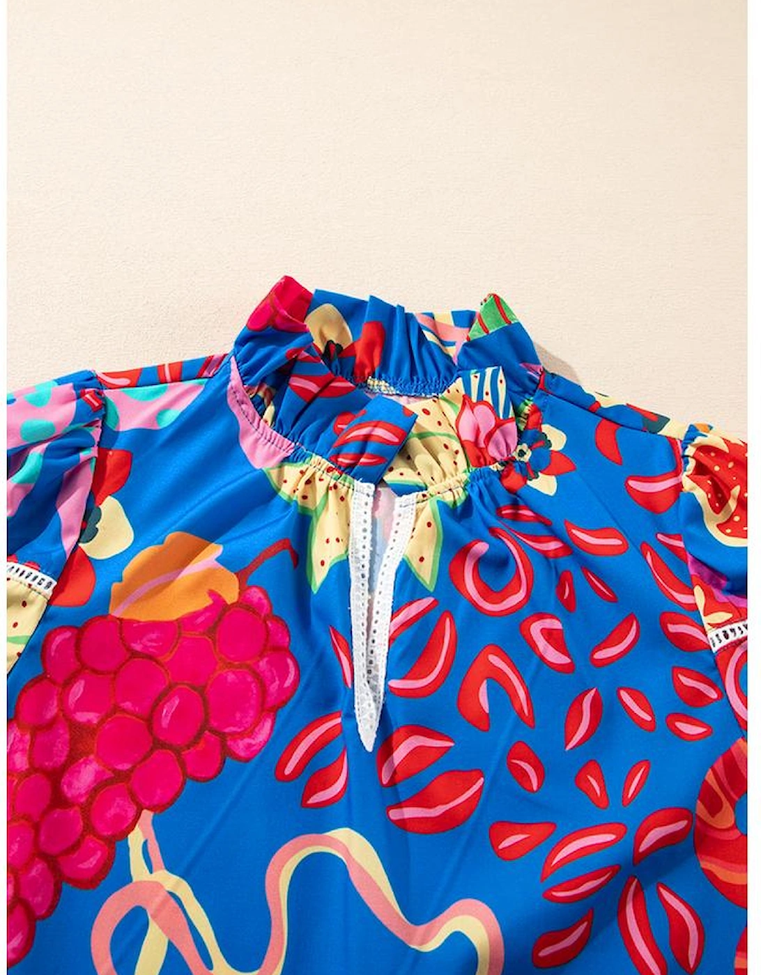 Blue Abstract Print Frilled Collar Ruffled Puff Short Sleeve Top