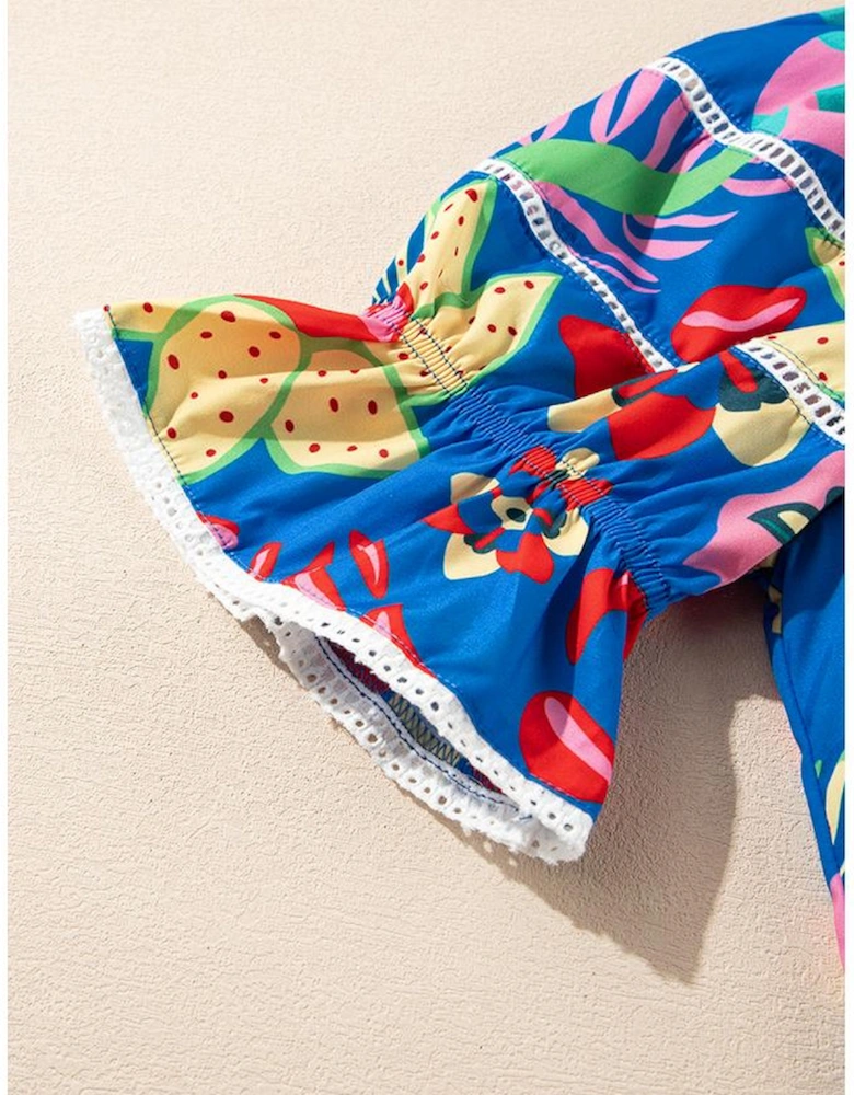 Blue Abstract Print Frilled Collar Ruffled Puff Short Sleeve Top