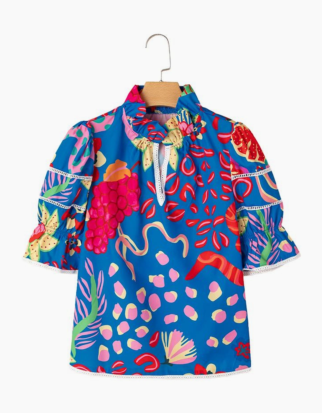 Blue Abstract Print Frilled Collar Ruffled Puff Short Sleeve Top