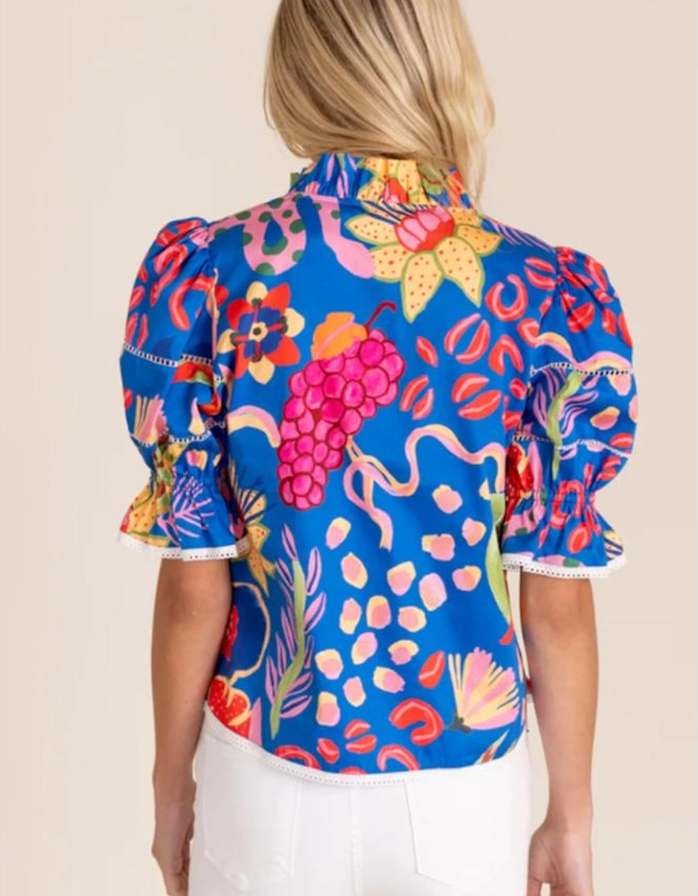 Blue Abstract Print Frilled Collar Ruffled Puff Short Sleeve Top