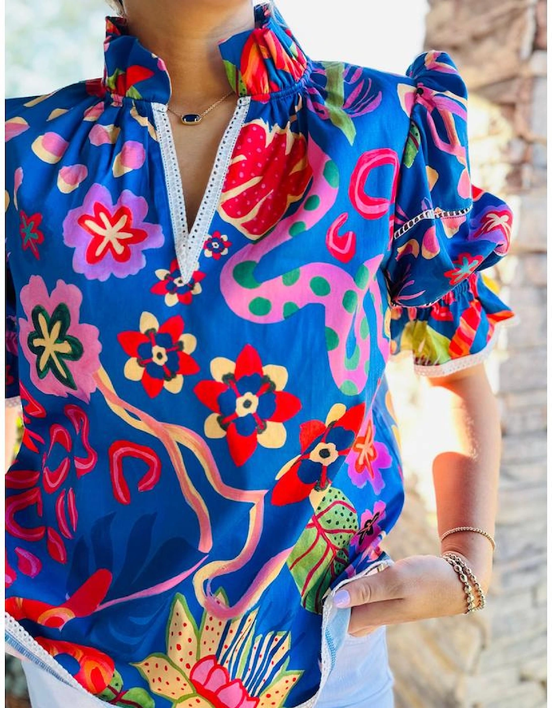 Blue Abstract Print Frilled Collar Ruffled Puff Short Sleeve Top